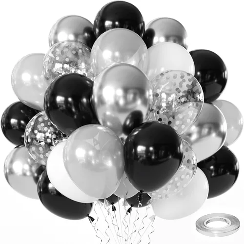 Vista 7 de Globos de confeti negro y dorado, paquete de 50 globos de látex metálicos y negros dorados para cumpleaños, graduación, aniversario, decoración