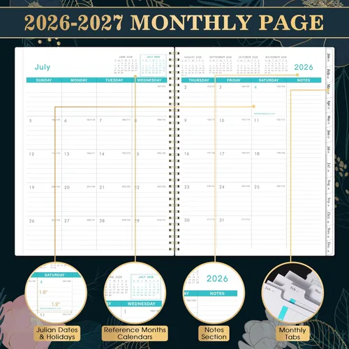 Vista 3 de Agenda mensual 2026 - Agenda/Calendario 2026, enero 2026 - diciembre 2026, 22.86 cm x 27.94 cm, Pestañas de meses, bolsillos dobles, encuadernación