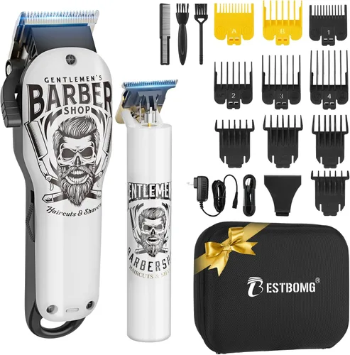 Vista 10 de BESTBOMG® Cortapelos profesional para hombres, juego de cortapelos y recortadora de peluquería profesional, cortapelos inalámbrico para hombres