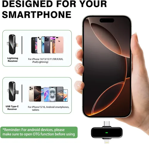 Vista 4 de Micrófono Lavalier inalámbrico para iPhone/Android - Mini micrófono dual con cancelación de ruido con funda de carga (30H), micrófono de clip