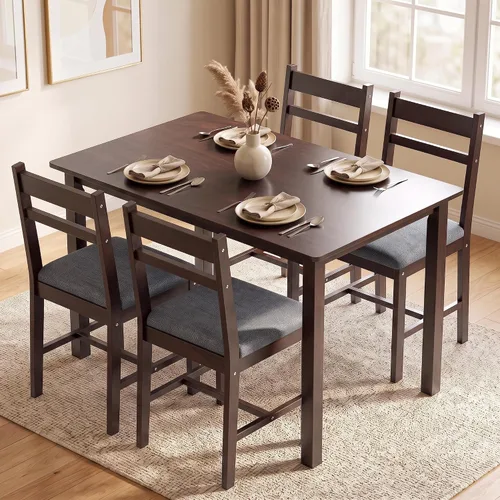 Vista 10 de HOMCOM Juego de mesa de comedor de madera maciza de 5 piezas para 4, mesa de cocina estilo granja con sillas tapizadas para espacios pequeños Marrón