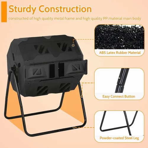 Vista 2 de Compostador de doble cámara para exteriores, cubo de compost de 43 galones, cubo de basura de compostaje de 360°, compostador sin BPA, giratorio