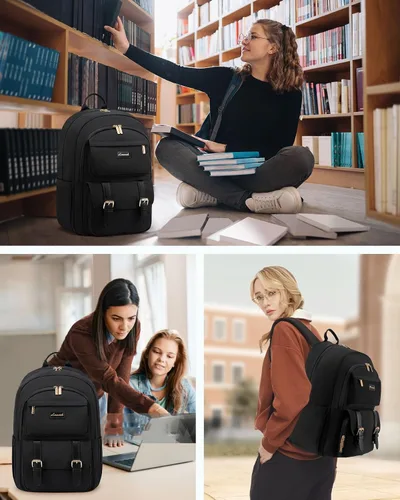 Vista 7 de LOVEVOOK Mochila para laptop para mujeres, mochila tote convertible para laptop, mochila ligera de viaje y trabajo para computadora, Negro, 15,6