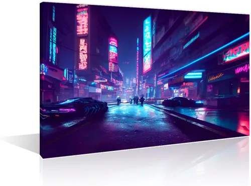 Vista 10 de 1 panel de cuadros de la ciudad de Cyberpunk, arte de pared, representación de vallas publicitarias, edificios modernos en la capital con obras