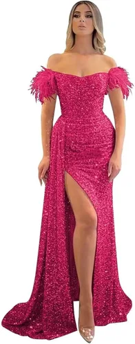 Vista 9 de Vestidos de fiesta de lentejuelas con hombros descubiertos, vestido formal de sirena brillante, vestido largo de fiesta de noche con abertura