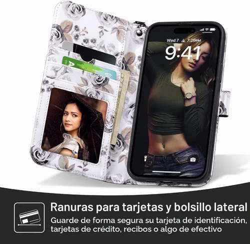 Vista 3 de ULAK Compatible con iPhone 14 Funda Cartera para Mujeres, Cubierta Plegable de Cuero PU Premium con Portador de Tarjetas, Función de Soporte Funda