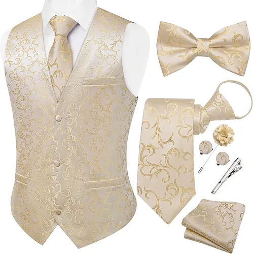 Vista 10 de DiBanGu Conjunto de chaleco de traje de cachemira y corbata preatada para Dorado y Negro