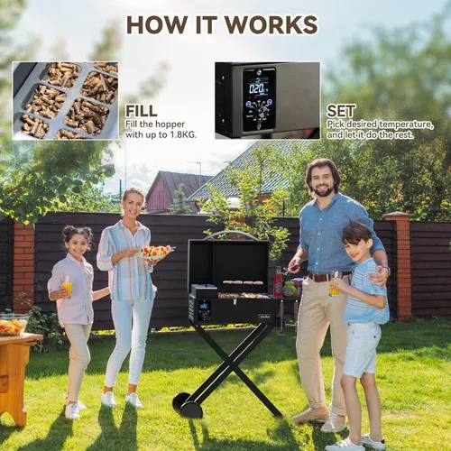 Vista 9 de ONLYFIRE GRILLS Parrilla Ahumadora de Pellets de Madera para BBQ con Carrito Plegable, Sonda de Carne, Área de Cocción de 2 Niveles, Estufa de Negro