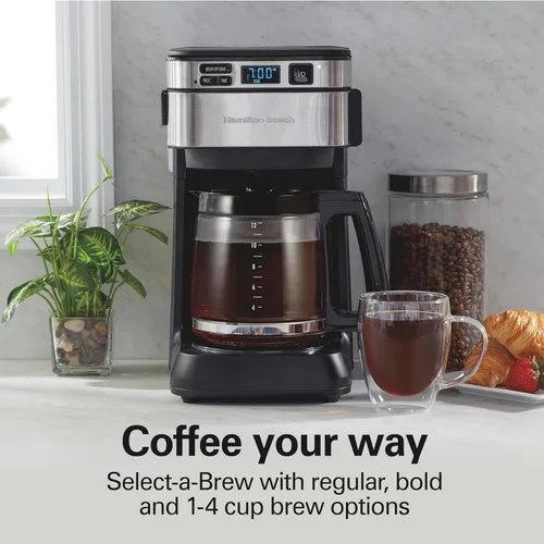 Vista 6 de Hamilton Beach Cafetera programable de 12 tazas, Cafetera de filtro FrontFill Regular & Bold Brew Options Auto Pause and Pour Glass Carafe