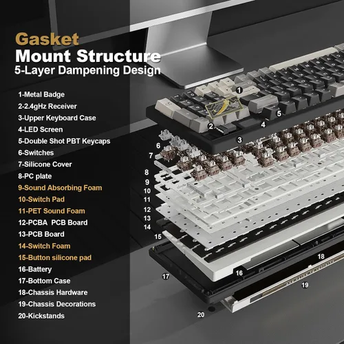 Vista 5 de YUNZII IF99 Teclado mecánico inalámbrico para juegos con pantalla LCD inteligente, QMKVIA BT2.4GUSB-C programable BT2.4GUSB-C montado en junta