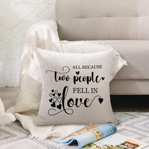 Vista 4 de Fundas de almohada de San Valentín de 16 x 16 pulgadas, con texto en inglés «All Because Two People Fell in Love», fundas de almohada de lino