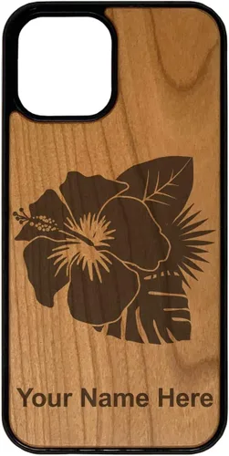 Vista 6 de LaserGram Funda de madera natural compatible con iPhone, flor de hibisco 2, grabado personalizado incluido (bambú)