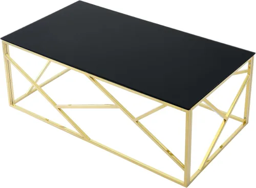 Vista 6 de SSLine Mesa de centro de cristal negro con patas de acero inoxidable doradas, mesa de centro rectangular de lujo para sala de estar, moderna