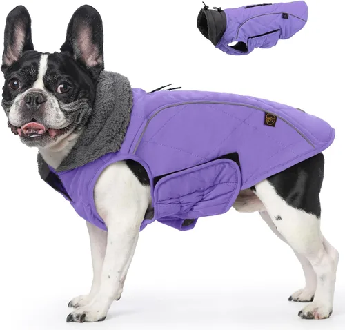 Vista 15 de EMUST Abrigos de invierno para perro, ropa de forro polar para mascotas para clima frío, estilo británico, chaqueta cálida a prueba de viento