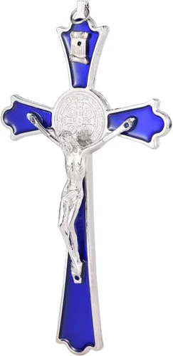 Vista 6 de VINETEN Crucifijo de pared esmaltado azul - Cruz de pared de metal de San Benito, cruz de arte para dar bendición y lo sagrado espiritual, regalo
