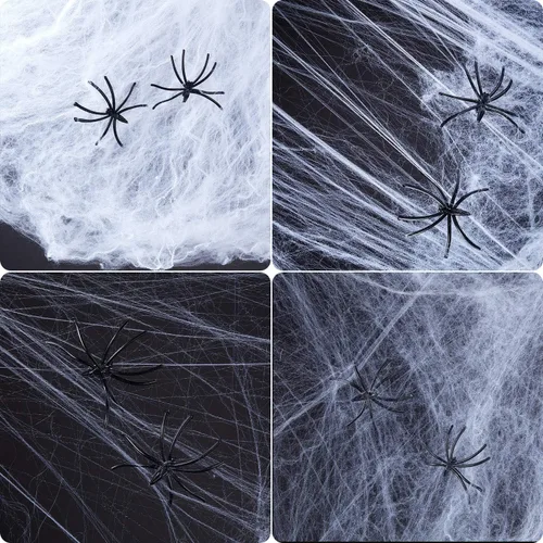 Vista 2 de Boao 6 telarañas elásticas de Halloween con 12 arañas de plástico para decoración de Halloween en interiores y exteriores Stretch Cobwebs