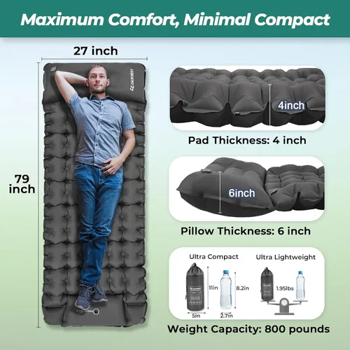 Vista 2 de Colchoneta de dormir inflable de 4 pulgadas de grosor con almohada ajustable y bomba de pie integrada, colchón de aire ligero para acampar con Gris