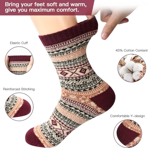 Vista 2 de FYC Winter Womens Socks Wool Warm Thick Knit Cozy Crew Casual Vintage Soft Socks for Women Christmas Gifts Socks 5 Pairs