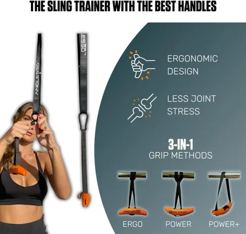 Vista 2 de Angles90 Sling Trainer - Negro, nailon y neopreno - Fuerza de cuerpo completo con entrenadores de suspensión - Asas de dominadas de agarre neutro