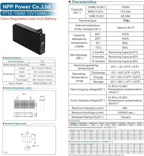 Vista 5 de NPP FT12-150Ah - Batería AGM de ciclo profundo de telecomunicaciones de acceso frontal de 12 V 150 Ah con terminales de estilo botón para sistema