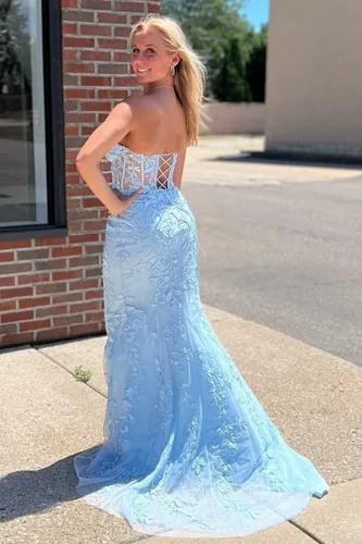 Vista 3 de Elegante vestido de fiesta de encaje largo sin tirantes, vestido de noche formal para mujer, vestido de fiesta RO119