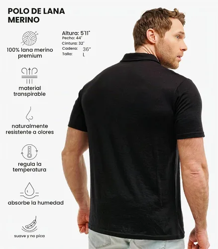Vista 2 de 100% Merino Wool Polo Shirt Men - Short & Long Sleeve Shirt Base Later Negro