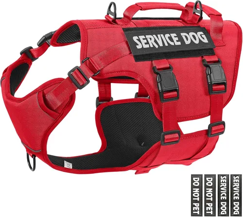 Vista 7 de Arnés de chaleco de servicio para perros grandes, sin tirones con 3 clips para correa, chaleco de trabajo táctico con 4 parches para mascotas