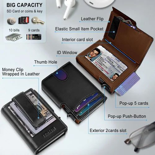 Vista 2 de miyozi Billetera para hombre, con clip para dinero, bolsillo para monedas, ventana para identificación, delgada, bolsillo frontal con bloqueo RFID