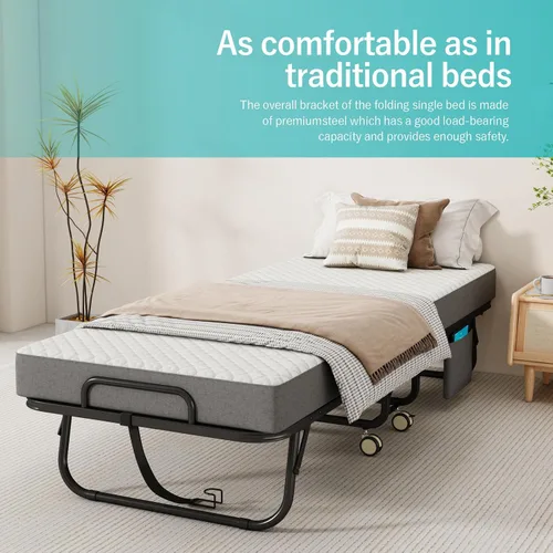 Vista 3 de Cama plegable con colchón para adultos, 75" x 31" cama rodante portátil tamaño catre, cama plegable de invitados con marco de metal con colchón