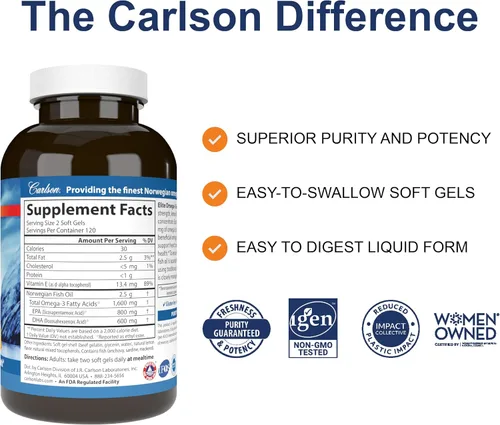 Vista 2 de Carlson Elite Omega-3 Gems 1600 mg de ácidos grasos Omega 3, incluyendo EPA y DHA, aceite de pescado noruego capturado en la naturaleza, suplemento