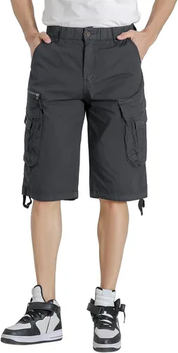 Vista 3 de Pantalones cortos cargo con cintura elástica para hombre, con bolsillo con cremallera, ajuste relajado, elásticos, ligeros, de algodón