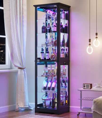 Vista 13 de 71“ Tall Bar Cabinet with RGB Lights & Glass Doors, 7-Tier, Wood