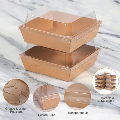 Vista 3 de Mini cajas de charcutería con tapas transparentes, 4.5 x 4.5 pulgadas, paquete de 20 cajas de postre marrones, cajas cuadradas desechables
