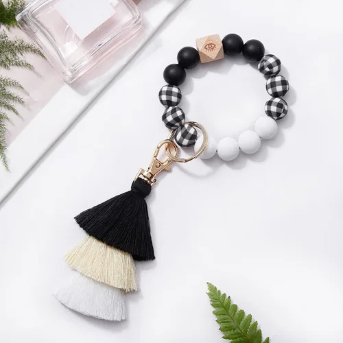 Vista 6 de Bisanzoya Beaded Keychain with Tassel, Silicone Key Ring Bracelet, Cute Boho Car Key Chain Wristlet for Women
