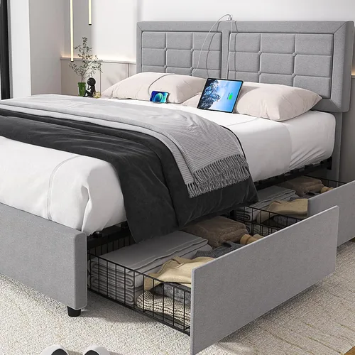 Vista 23 de VECELO Base de cama tamaño matrimonial, cabecera tapizada ajustable con botones, marco de cama resistente con soporte de listones de madera,