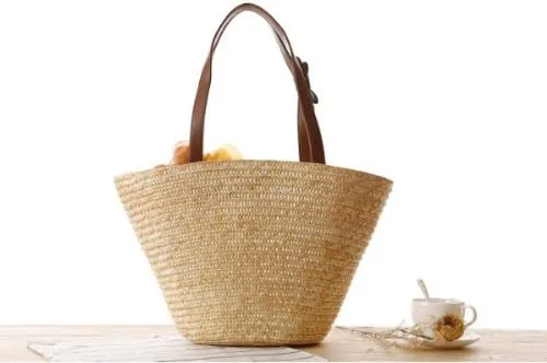 Vista 8 de TONWHAR Woven Straw Shoulder Bag Flower Straw Beach Tote Handbag
