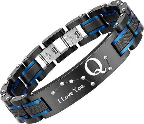 Vista 11 de Pulsera de dos tonos de acero inoxidable para hombre, chapado en iones negro y azul, regalo para hombres, marido, padre
