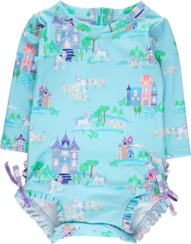 Vista 44 de RuffleButts - Traje de baño de una pieza con protección solar UPF 50+, camiseta de protección floral estampado, manga larga, con cierre zipper