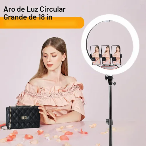 Vista 4 de Anillo de luz de 18 pulgadas con soporte de trípode, luz circular LED regulable de 58 W 5500 K para TikTok/Live Stream/Maquillaje/YouTube con bolsa