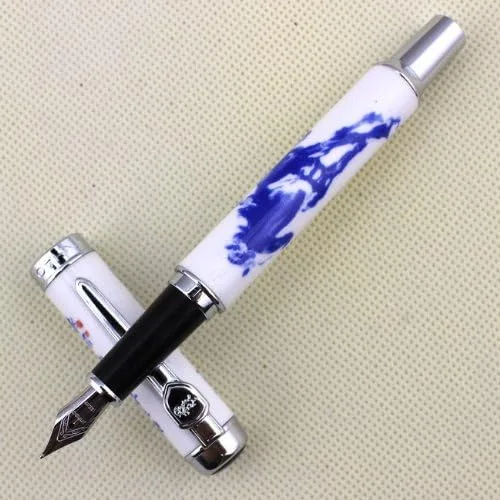 Vista 4 de Gullor Pluma estilográfica Jinhao 950 Porcelana Azul y Blanca con Caligrafía China y Punta Fina Caballo
