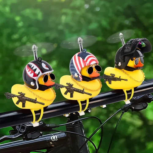 Vista 4 de wonuu Campana de bicicleta de pato de goma, patos exprimibles con casco para ciclismo, decoración de salpicadero, accesorios de motocicleta
