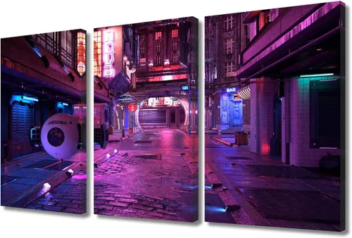 Vista 77 de Arte de pared de 3 piezas de escena de ciencia ficción de la calle comercial futurista paisaje urbano, decoración de pared para dormitorio