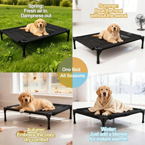 Vista 3 de Cama elevada para perros al aire libre, cuna elevada portátil con refrigeración, cama lavable para mascotas, perros pequeños, color negro