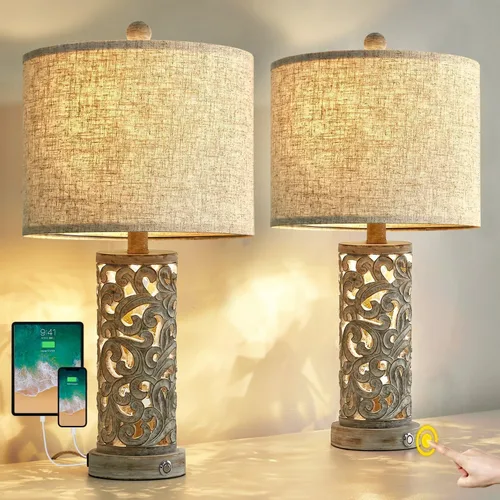Vista 8 de OYEARS Juego de 2 lámparas de mesita de noche con USB y luz nocturna, lámparas táctiles regulables de 22 pulgadas para mesita de noche, lámparas