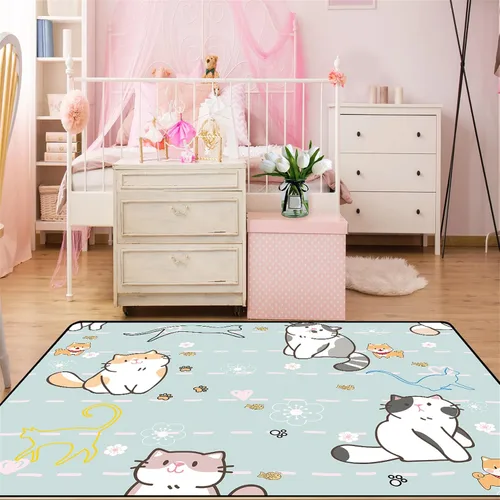 Vista 4 de Alfombra de gatos de dibujos animados para niñas, bonita decoración de habitación de niños, alfombra con temática de animales azules, alfombra ultra