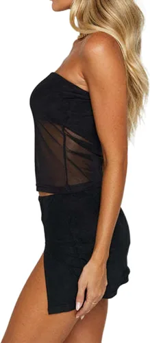 Vista 3 de Remidoo Camiseta corta de malla transparente para mujer, sin tirantes, sin mangas, sin mangas