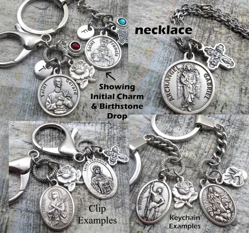 Vista 4 de Collar de oración de Arcángel Rafael, llavero o clip, joyería católica de San Patrón, personalizable con opción inicial o piedra natal de cristal