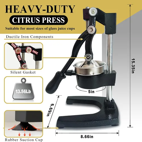 Vista 6 de Exprimidor manual de hierro fundido, extractor de jugo de cítricos de prensa manual resistente, exprimidor comercial de prensa en frío para granada