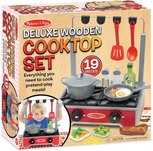 Vista 3 de Melissa & Doug Juego de cocina de madera de lujo de 19 piezas con comida de madera, olla y sartén duraderos