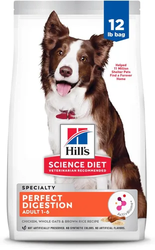 Vista 17 de Hill's Science Diet Perfect Digestion, adulto 1-6, soporte digestivo, alimento seco para perros, pollo, arroz integral y avena entera, bolsa de 3.5